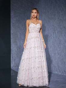 Vestido largo de tul con escote corazón y tirantes finos, con flores 3D en color rosa, elegante vestido de mujer para bodas, bailes de graduación, fiestas y festivales - Rosa - Ver 5