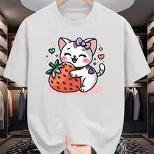Camiseta de hombre con estampado de gatito abrazando fresas, de manga corta, cuello redondo, estilo casual y versátil para primavera y verano. - Blanco - Ver 1