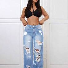 ICON Plus Size Women's Street Style Distressed Straight Leg Jeans, Summer - Lavado ligero - Ver 4