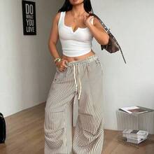 Women's Plus Size Summer Going Out Outfit Casual Streetwear Mid Rise Wide Leg Elastic Waistband  Letter Graphic Drawstring Waist Pocket Striped Pleated Pants Oversized Inclusive Sizing Pant - Azul y blanco - Ver 7