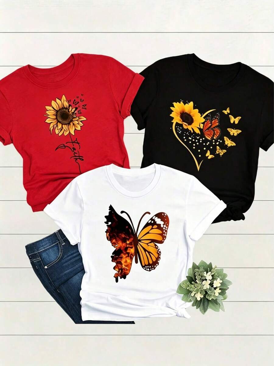 Set Of Short-Sleeved Round Neck T-Shirts. Single Garment, Not A 3-Piece Set. 1 Piece/Set Of Short-Sleeved T-Shirts Suitable For Streetwear. Top Oversized Round Neck For Daily Outings, Camping, Concerts, Hip-Hop, Rock, And Rap Events For Women, With A Print Of Sunflowers, Butterflies, And Letters. - 黑色 - 查看 1