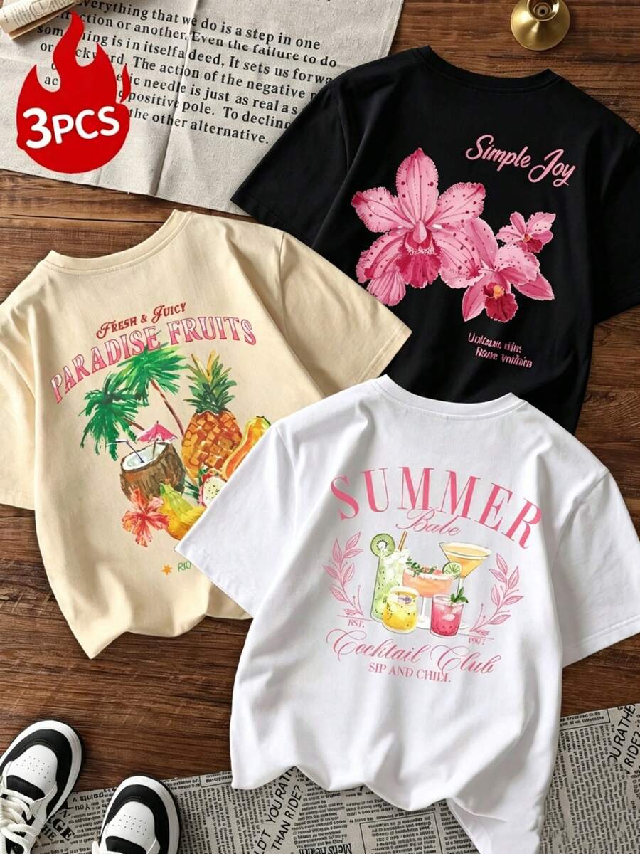 Short-Sleeved T-Shirts. Single Garment, Not A 3-Piece Set. 1 Piece/Set Of Short-Sleeved T-Shirts Suitable For Streetwear. Oversized Crew Neck Top For Daily Outings, Camping, Concerts, Hip-Hop, Rock, And Rap Events. Slim Fit With Star Print. OK Minimalist Casual Women's Summer Style. - 白色 - 查看 1