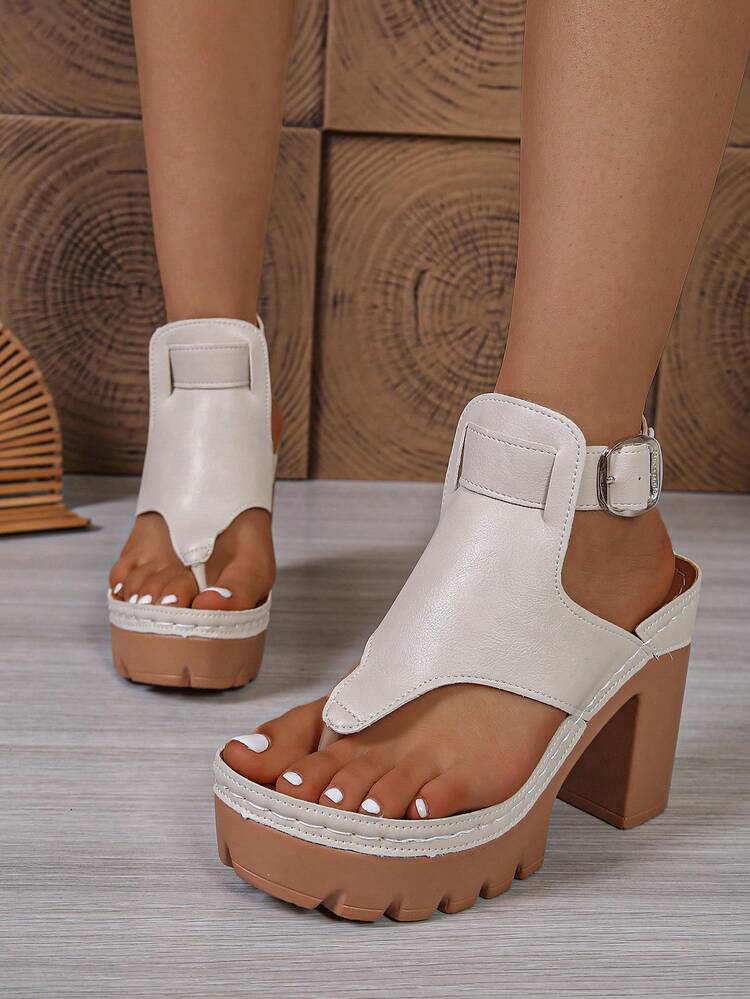 Sandal Pantai Bohemian Bertumit Tebal 10cm Model Baru 2026 untuk Wanita Ukuran Besar, Sepatu Musim Panas - Krem - View 6
