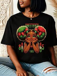 Juneteenth Celebration Outfits 2026 Women's Juneteenth Celebration 1865 Comfortable Crew Neck Short Sleeve Casual T-Shirt, Machine Washable,Afro Art Painted Flag Since 1865 Freedom Day Casual Summer Top,,Black History Month Gifts,Suitable For Juneteenth Parades,Cultural Events,And Everyday Wear - 黑色 - 查看 1