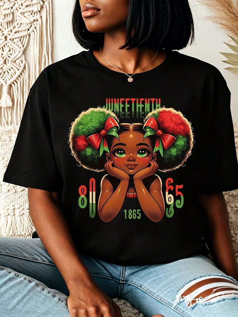Juneteenth Celebration Outfits 2026 Women's Juneteenth Celebration 1865 Comfortable Crew Neck Short Sleeve Casual T-Shirt, Machine Washable,Afro Art Painted Flag Since 1865 Freedom Day Casual Summer Top,,Black History Month Gifts,Suitable For Juneteenth Parades,Cultural Events,And Everyday Wear - 黑色 - 查看 1
