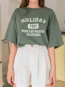 Camiseta de verano oversize con gráfico de letras y hombros caídos - Verde Oscuro - Ver 7