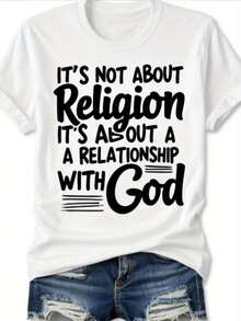 Camiseta de la fe de las mujeres "No se trata de la religión, se trata de una relación con Dios" - camiseta de cuello tulado de manga corta blanca de gran tamaño con mense de versos, ropa de iglesia casual y regalo inspirador para Navidad / Halloween (uste relado) - Blanco - Ver 2