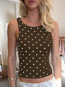 Blusa sin mangas de lunares para mujer, casual, sexy y de moda, adecuada para la calle, fiestas y salir de noche en verano, color blanco - Marrón - Ver 4