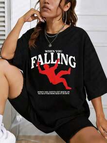 Camiseta de algodón de estilo urbano para mujer, de talla grande, con estampado gráfico divertido 'When You Falling', de manga corta, informal, para verano, con cuello redondo, ideal para uso diario. Son excelentes regalos para amigos y familiares. Camisetas 100% algodón, con un diseño juvenil y a la moda. Playeras de mujer. - Negro - Ver 6