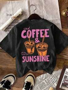 CURVE+ Iced Coffee And Sunshine Shirt, Iced Coffee Shirt, Coffee Lover Gifts, Summer T-Shirt, Summer Vibes Shirt, Coffee T-Shirt Blouses For Women Y2K Style Activewear, Round Neck, 100% Cotton, Soft Fabric, Short Sleeve. - 黑色 - 查看 2