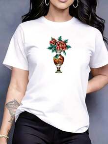 Camiseta de Mujer con Estampado Floral, de Jarrones y Hojas, Talla Grande, Cuello Redondo, Manga Corta Casual en Estilo Retro Moderno, Ideal para Atuendos Diarios y Salidas, Prenda Suave, Cómoda y Transpirable - Blanco - Ver 8