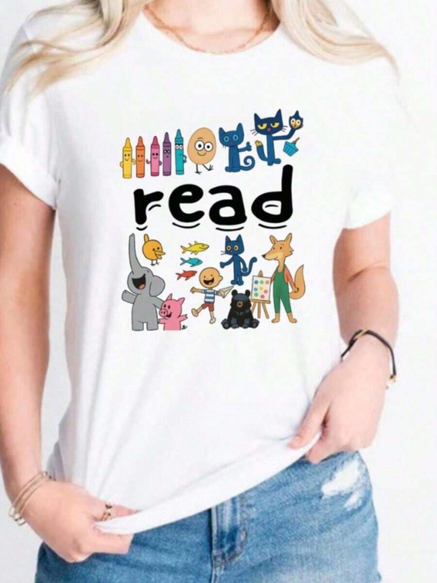 GiftGiftGiftGiftComfort Colots Teacher T-Shirt With Book Print For Kids, Oversized Graphic Tees For Women, Book Lover T-Shirt, Teacher T-Shirt, Elementary School Teacher T-Shirt, Kindergarten T-Shirt, Summer T-Shirts And Tops For Women, Pure Cotton Short Sleeve Crew Neck Urban Style T-Shirt, Soft. Soft - 白色 005 - 查看 1