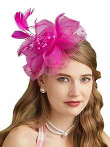 1pc Women's Tea Party Horse Racing Hat Kentucky Derby Hat Floral Mesh Hair Accessory Hair Clip Wedding Headpiece - Hot Pink - View 2