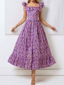 Vestido primavera casual estampado combinado con volantes elegante estilo europeo para mujer - Morado - Ver 6