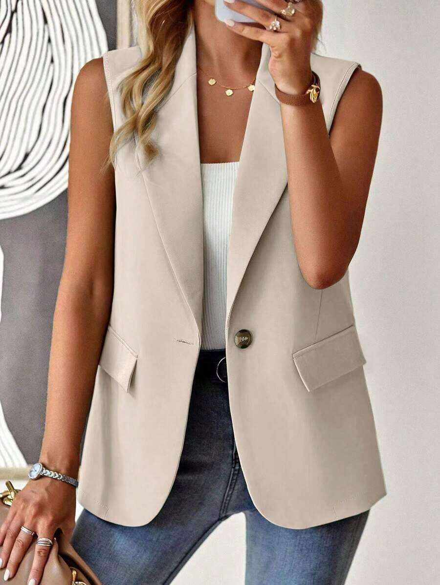 Blazer sin mangas de estilo elegante de color verde oliva para mujer, chaleco casual con solapa y botón en tela tejida lisa, corte regular - Albaricoque - Ver 1