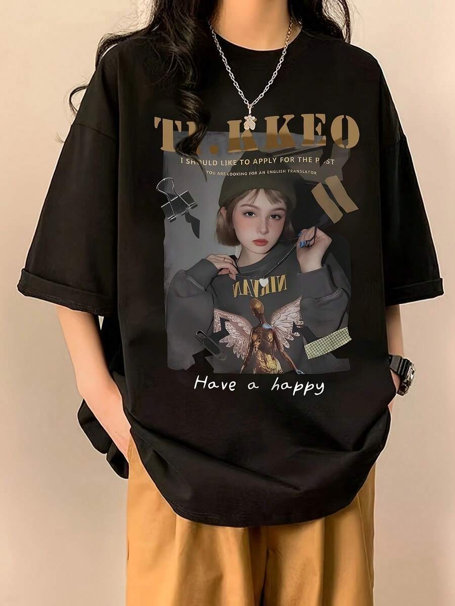 Camiseta con Estampado Gráfico, Manga Corta, Cuello Redondo, Estilo Casual para Verano y Primavera, Ropa de Mujer Y2k - Negro - Ver 1