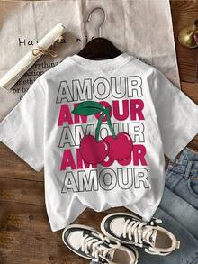 Women's Casual Short Sleeve T-Shirt With "AMOUR" Heart Print - White Round Neck Summer Top, Lightweight And Breathable Fabric, Perfect For Casual Outfits, Summer Casual Top | Fun Design T-Shirt | Comfortable Fit Y2k T-Shirt - 白色 - 查看 3
