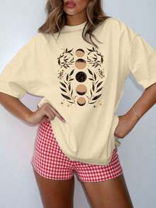 Moda Primavera/Verano, Camiseta con Estampado de Fases Lunares Estilo Bohemio. Top de manga corta sencillo y fresco. Tops cómodos de alta calidad para primavera-verano. Muy adecuado para la moda cotidiana, es un excelente regalo para mujeres, estilo relajado y amigable, vintage Y2K, ropa casual para vacaciones, conjuntos de verano para mujeres, conjuntos de vacaciones para mujeres, conjuntos para brunch para mujeres, camisetas gráficas para mujeres, top lindo, ropa urbana, conjuntos para festivales, ropa de mujer, ropa de entrenamiento. - Albaricoque - Ver 1