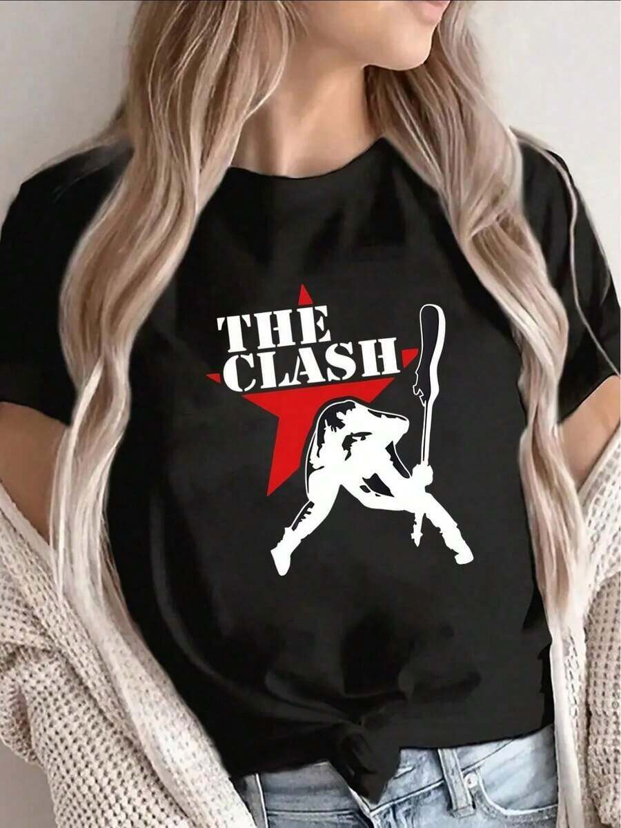 Camiseta de mujer ligera y duradera de manga corta con un diseño gráfico de The Clash, perfecta para uso casual en casa, en restaurantes o al aire libre, hecha de tela estampada para un ajuste cómodo adecuado para el uso diario. - Negro - Ver 1