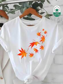 Camiseta Wo de 180g - Estampado de hoja de arce naranja vibrante sobre fondo blanco |   Corte Regular, Manga Corta, Cuello Redondo, Tela Suave y Transpirable, Lavable a Máquina, Ropa Casual para Uso Diario y Viajes, Prenda de Verano, Estilo Relajado, Material Duradero, Camiseta Gráfica - Estilo Urbano Vintage, Unisex, Camiseta de Manga Corta de Algodón con Cuello Redondo. - Blanco - Ver 1