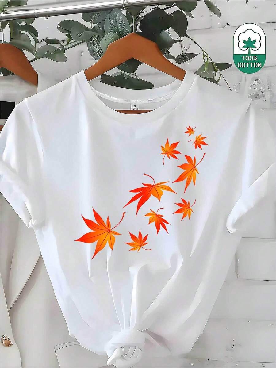 Camiseta Wo de 180g - Estampado de hoja de arce naranja vibrante sobre fondo blanco | Corte Regular, Manga Corta, Cuello Redondo, Tela Suave y Transpirable, Lavable a Máquina, Ropa Casual para Uso Diario y Viajes, Prenda de Verano, Estilo Relajado, Material Duradero, Camiseta Gráfica - Estilo Urbano Vintage, Unisex, Camiseta de Manga Corta de Algodón con Cuello Redondo. - Blanco - Ver 1