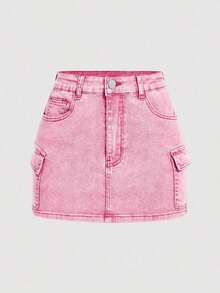 Minifalda casual cargo de mezclilla lavada para mujer - Rosa - Ver 1