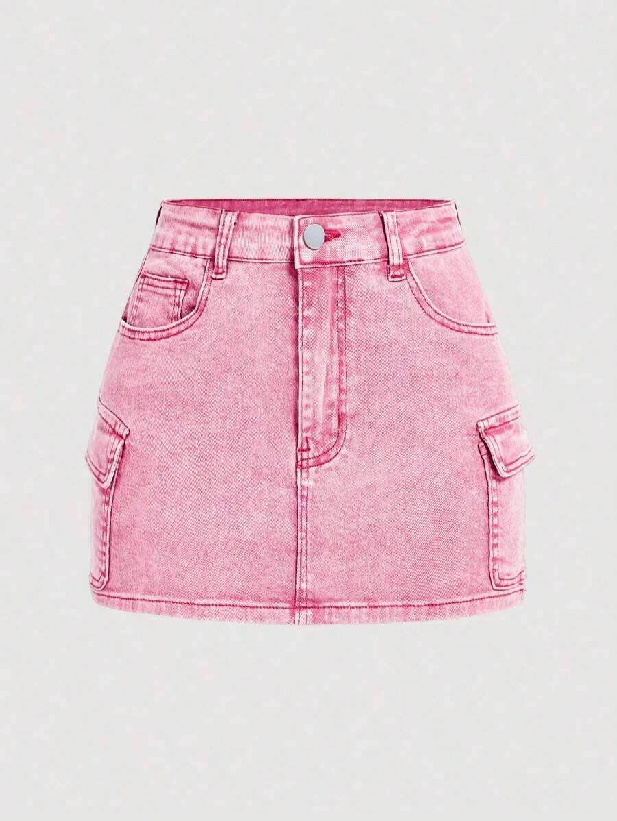 Minifalda casual cargo de mezclilla lavada para mujer - Rosa - Ver 1