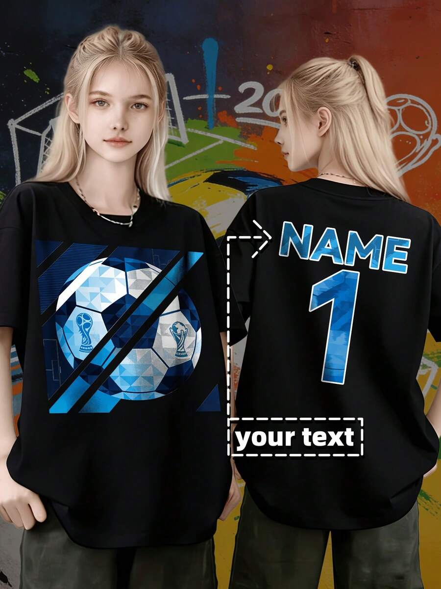 High-Quality Short-Sleeved T-Shirt With A World Cup Print For Youth, Featuring A Low-Poly Ice Blue Football Design With Dark Trophy Pattern Elements. Suitable For Watching Matches, Everyday Wear, And Gatherings With Friends. A Great Collectible Item For Football Fans. For Teenagers, New Arrival 2026 - 100% Breathable Cotton - 黑色 - 查看 1