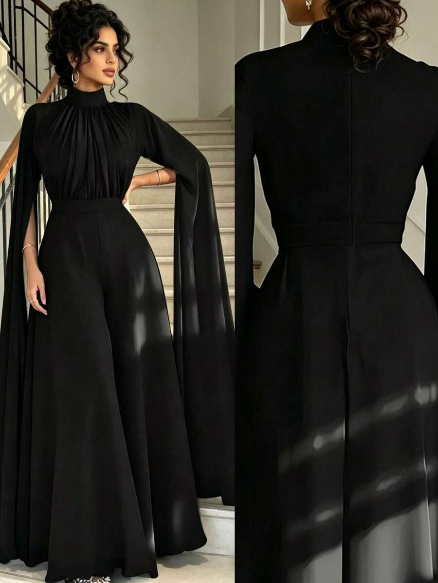 女款純色百褶領優雅極簡伴娘禮服婚禮黑色 - 黑色 - 查看 1
