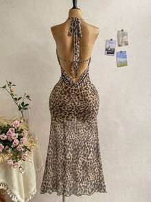Vestido de playa sexy con estampado de leopardo, decoración de metal y espalda descubierta para mujer - Multicolor 2 - Ver 9