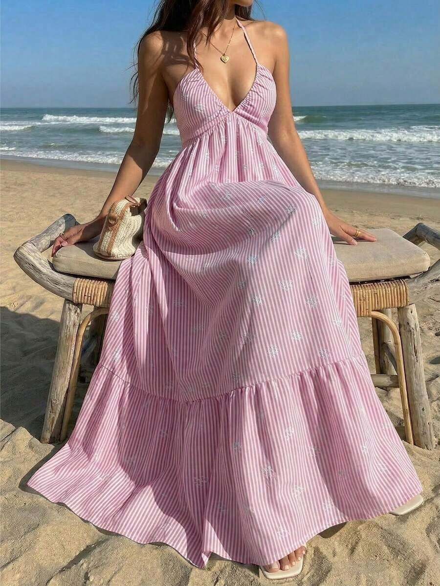 MSSunnyshic Vestido largo con escote en V profundo, cuello halter y espalda descubierta con lazo en la cintura, con estampado de lunares negros, estil - Rosa 3 - Ver 1