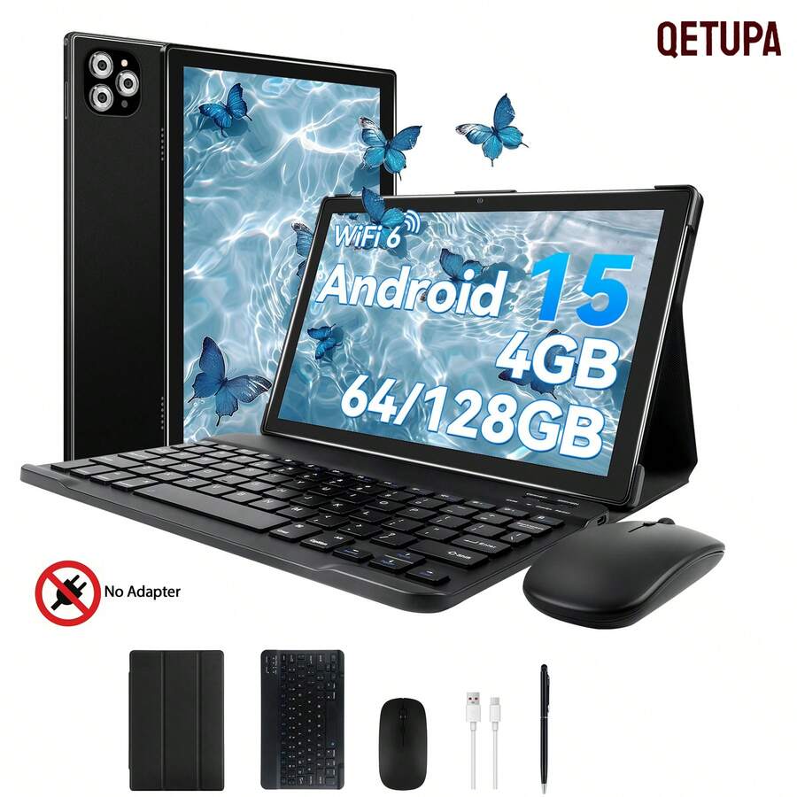 Qetupa 10.1 Inch Android 15 Tablet,4GB RAM+64GB/128GB ROM,MTK 8788 Octa-Core 2.0GHZ Processor,5MP Front Camera&13MP Rear Camera,6000mAh Large Battery,HD(1280x800) IPS Touch Screen,BT 5.4&802.11ax WiFi 6,No Support SIM Card( NO Adaptador) - Black - View 1