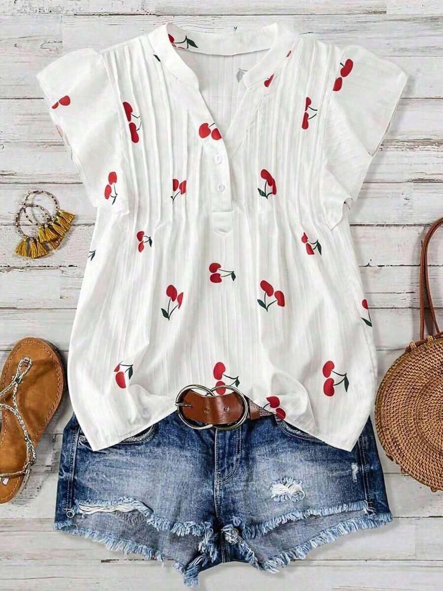 Blusa casual de mujer con estampado de cerezas, cuello plisado y mangas cortas de campana en silueta "H", para uso diario y vacaciones - Multicolor - Ver 1