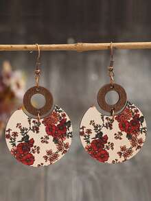 1 Pair Bohemian Wooden Printed Geometric Circle Patchwork Earrings - Multicolor - View 7