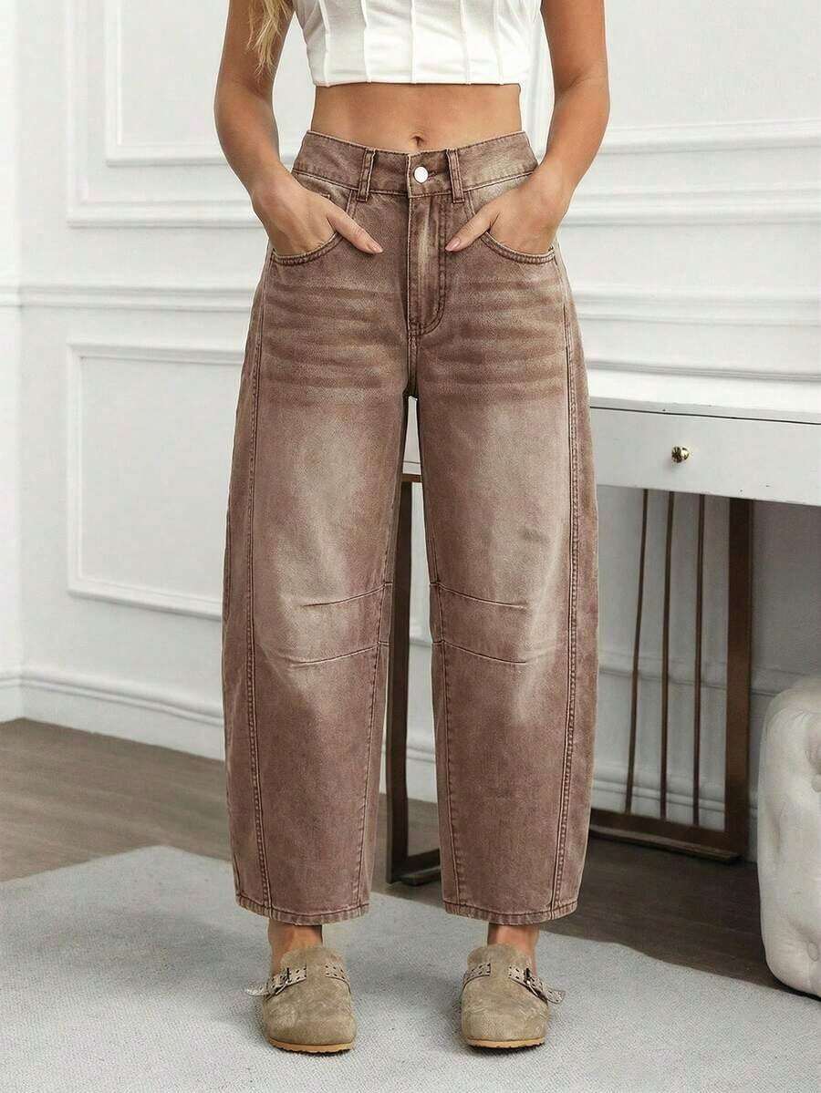Jeans informales desgastados y desgastados, con ajuste de novio para mujer - Café integral - Ver 1