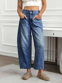 Jeans informales desgastados y desgastados, con ajuste de novio para mujer - Azul lavado oscuro - Ver 3