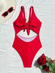 Swim Vcay Traje de baño de una pieza de unicolor negro elegante sin mangas, de cintura alta y con tirantes ajustables, para primavera/verano 2026 - Rojo - Ver 6