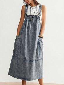 BohoFeels Vestido casual de media longitud de unicolor y tejido holgado para mujeres - Azul - Ver 1