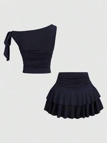 Conjunto de top de tirantes y minifalda plisada y con decoración de flores metálicas para mujer, ideal para el verano - Azul marino - Ver 2