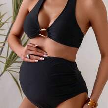 Swim Vcay Conjunto de bikini de unicolor con cuello halter para mujeres embarazadas - Morado - Ver 5