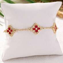 1pc Retro Fashion Four-Leaf Clover Bracelet, Personalized Design Jewelry, Palace Style Four-Leaf Clover Pendant Bracelet - Red - View 2
