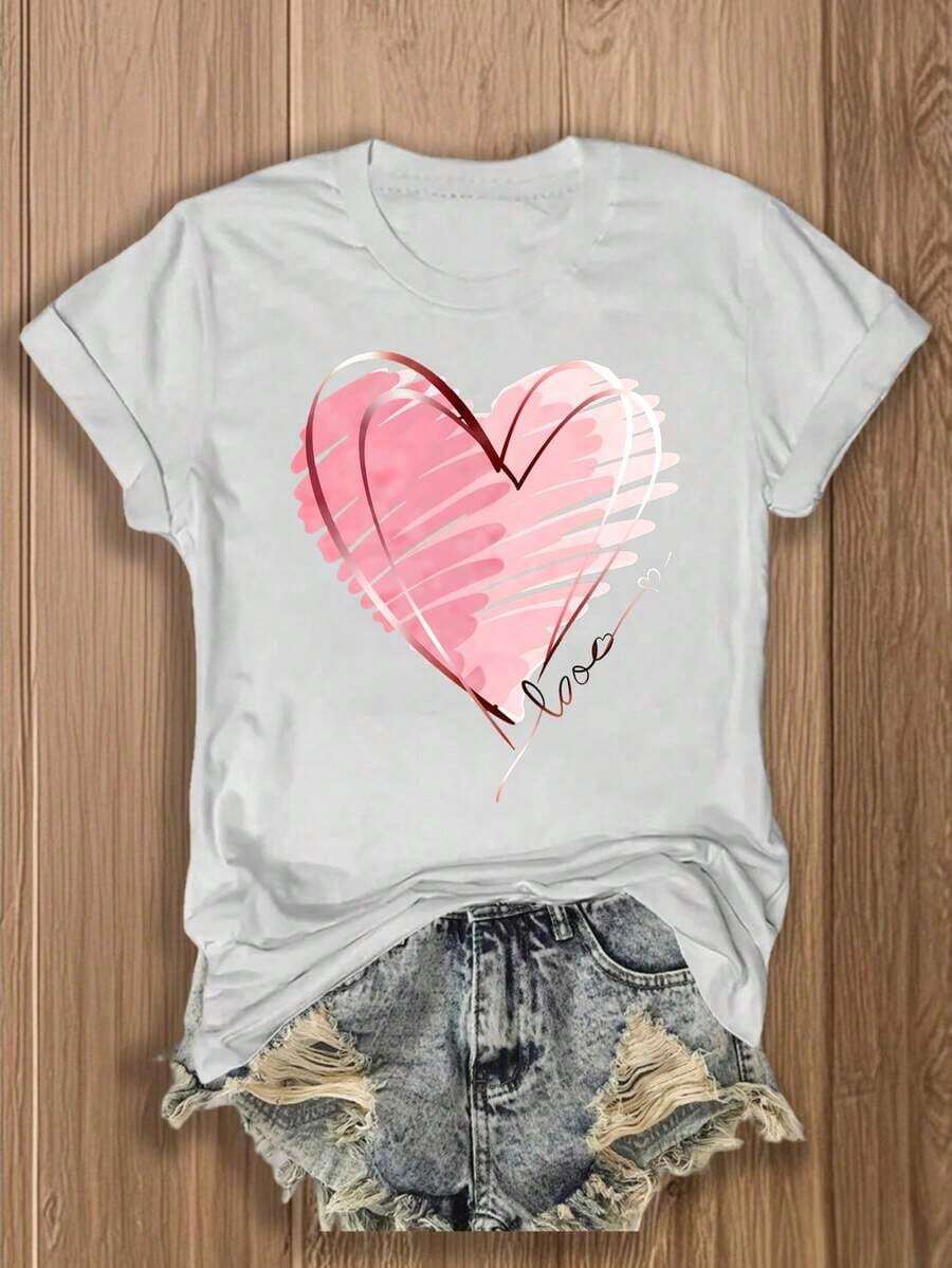 1 pieza, Paquete de Tres Camisetas de Manga Corta con Cuello Redondo para Mujer, Estilo Casual Deportivo Vintage, con Estampado de Corazones y Flores, 180g, 100% Algodón, los diseños están impresos. Unisexo. - Blanco2 - Ver 1