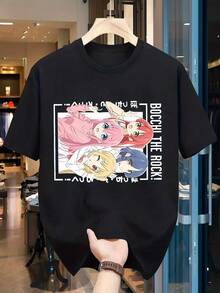 Camiseta Gráfica de Anime para Mujer - Transpirable, de Secado Rápido, Manga Corta, Cuello Redondo, con Personajes de Pelo Rosa y Azul, Texto Japonés y Posiciones de Acción Dinámicas - Camiseta Casual de Verano para Correr al Aire Libre para Fanáticos del Anime Y2k - Negro - Ver 9