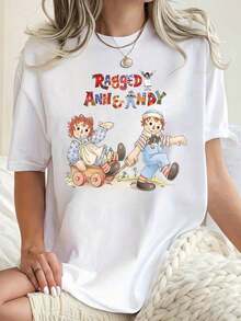 1 Piece Of Raggedy Ann & Andy Women's Plus Size Graphic Print T-Shirt, Casual Short Sleeve Crew Neck Tee, Medium Stretch Fabric, All-Season Comfort, Fashionable Summer Top, 180g 100% Cotton, Designs Are Fully Printed. Unisex. - 黑色 4 - 查看 6