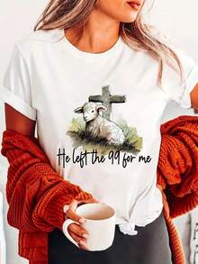 Camiseta de cuello redondo pura de la mujer del Día de la Madre deiernes Santo con un diseño minimalista, cómoda y transpirable, adecu para el uso casual diario, que muestra un estilo elegante l, una necesidad para las fiestas de verano, envío local, impresión 2D - Blanco - Ver 2