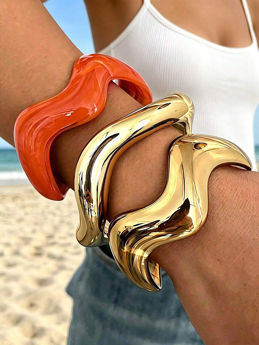 1pc/3pcs Retro Minimalist Wavy Acrylic & CCB Material Bangle Bracelet, Multi-Color Open Cuff Bracelet, Suitable For Women Daily Wear, Stackable, Perfect Gift Choice - Multicolor - View 1