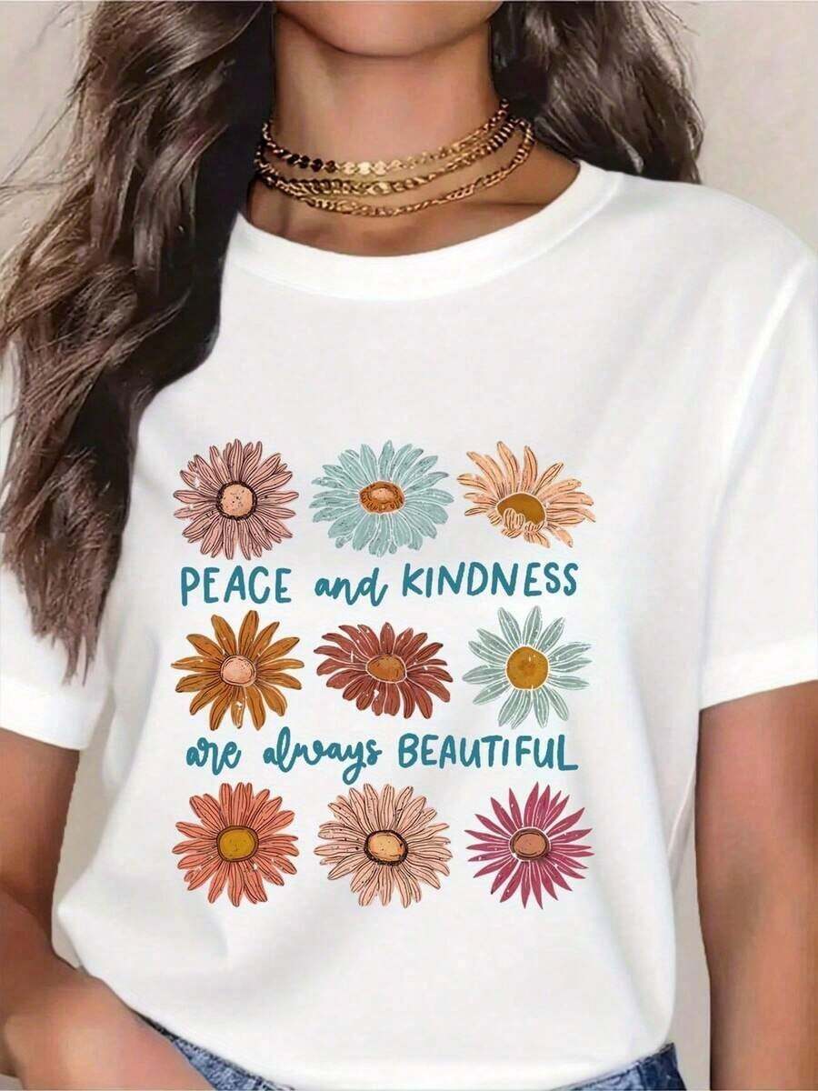 Camisetas de manga corta con cuello redondo y patrón de alfabeto en tejido de punto para mujer, de longitud regular, para verano y primavera. - Blanco - Ver 1