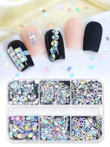 6 Compartments Holographic Silver Nail Sequins Set, Geometric Patterns Iridescent Glitters, Chic Nail Art DIY Decorations - Silver - View 5