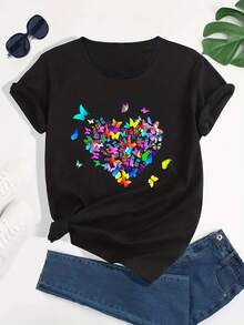 Camiseta de algodón de manga corta para mujer, con estampado de mariposa y corazón, estilo casual deportivo, holgada, cuello redondo, estampada, para deportes de verano y entrenamiento, tops para mujer. - Negro - Ver 6