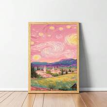 1幅粉色星空夜空艺术画,柔和日落油画帆布印刷品 | 现代印象派艺术装饰,适合女孩卧室、宿舍、客厅或办公室,印象派风景海报,艺术爱好者礼物,帆布画,无框 - 復古的 - 查看 4